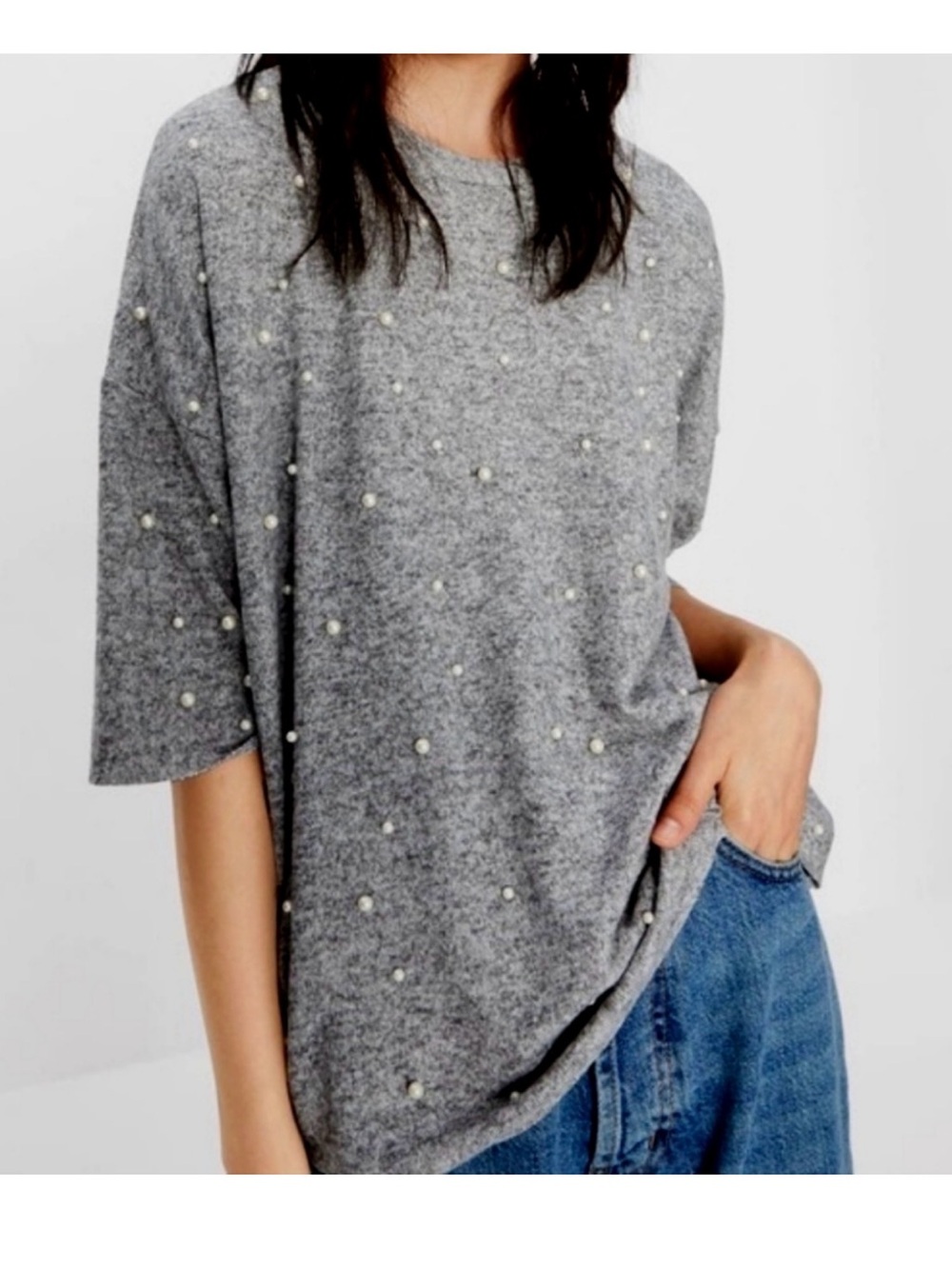 Zara Trafaluc Soft Touch Faux Pearl Embellished Knit Top Womens Medium Boxy Fit